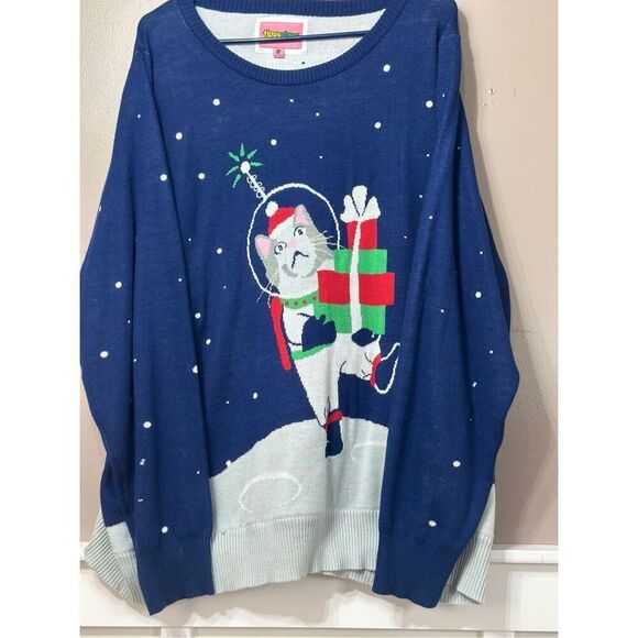 Tipsy Elves Space Astronaut Cat Christmas Holiday Sweater Women's XXL - Picture 2 of 10